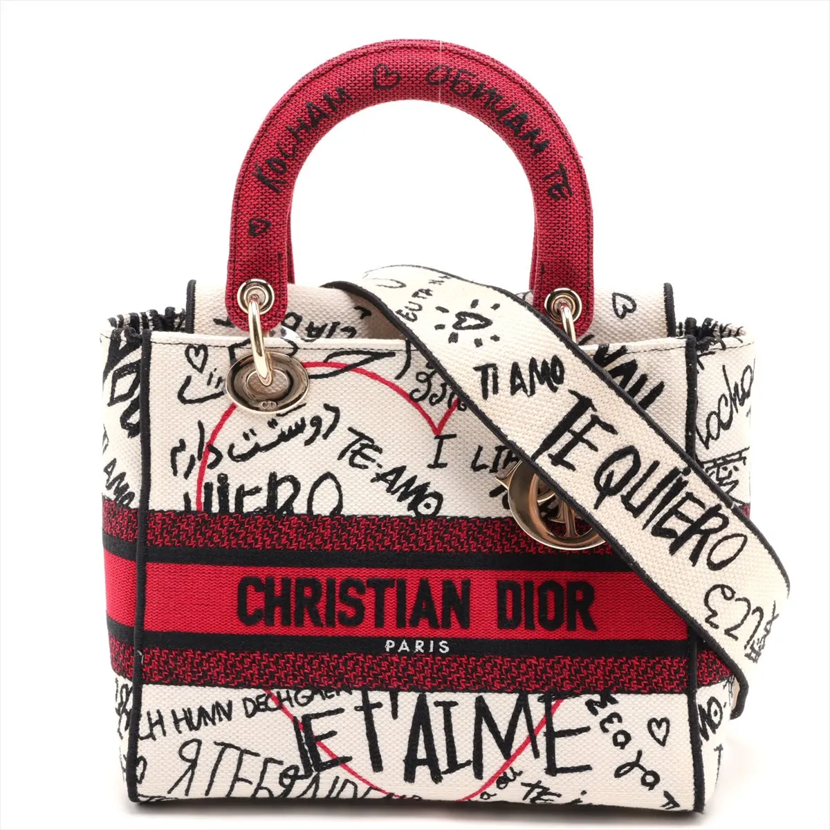 Lady D-Lite Canvas 2-Way Handbag, Beige x Red