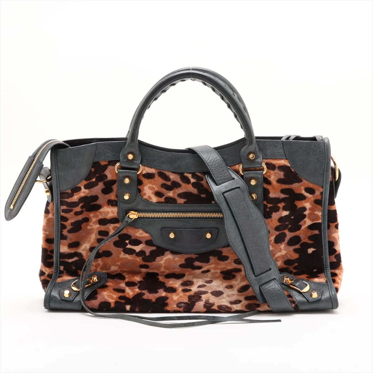 The City 115748 Calf Hair x Leather 2-Way Handbag Leopard Print with Mirror