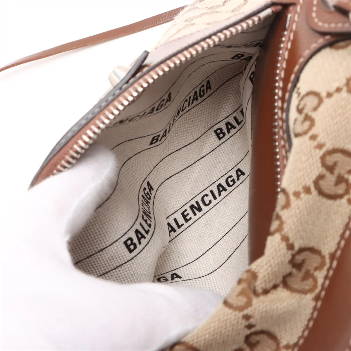 x Balenciaga GG Canvas The Hacker Project Canvas x Leather 2WAY Handbag Brown 681695 With Mirror — view 12