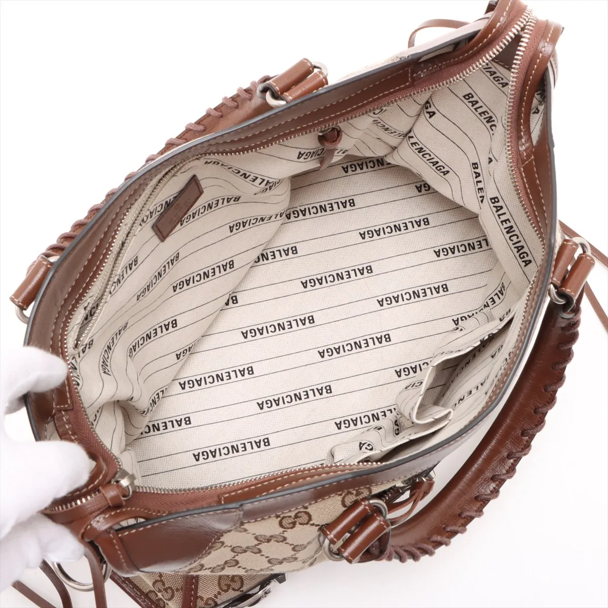 x Balenciaga GG Canvas The Hacker Project Canvas x Leather 2WAY Handbag Brown 681695 With Mirror — view 8