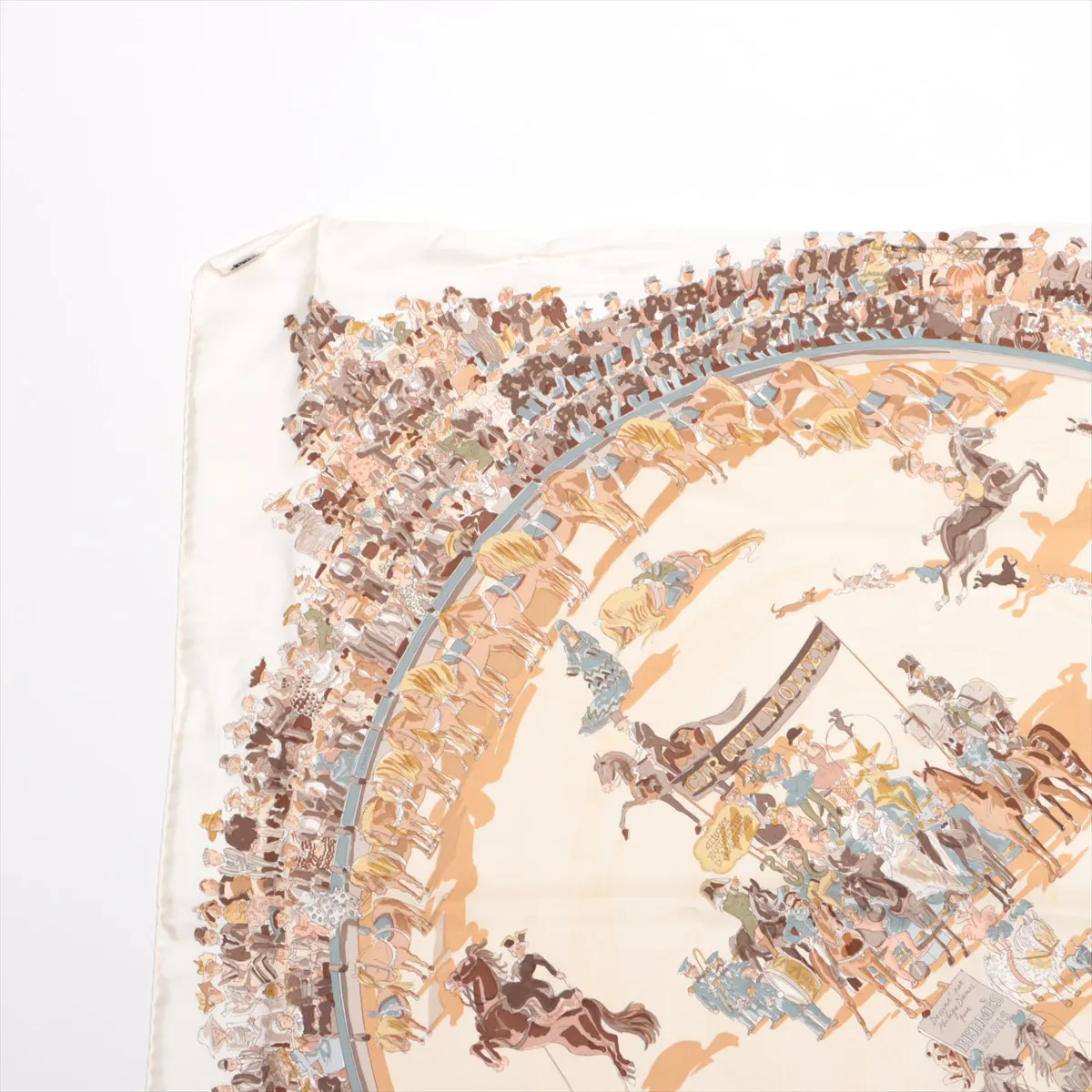 Carre 90 CIRQUE MOLIER (Molier Circus) Scarf, Silk, Ivory. Shows signs of wear, including snags, — view 2