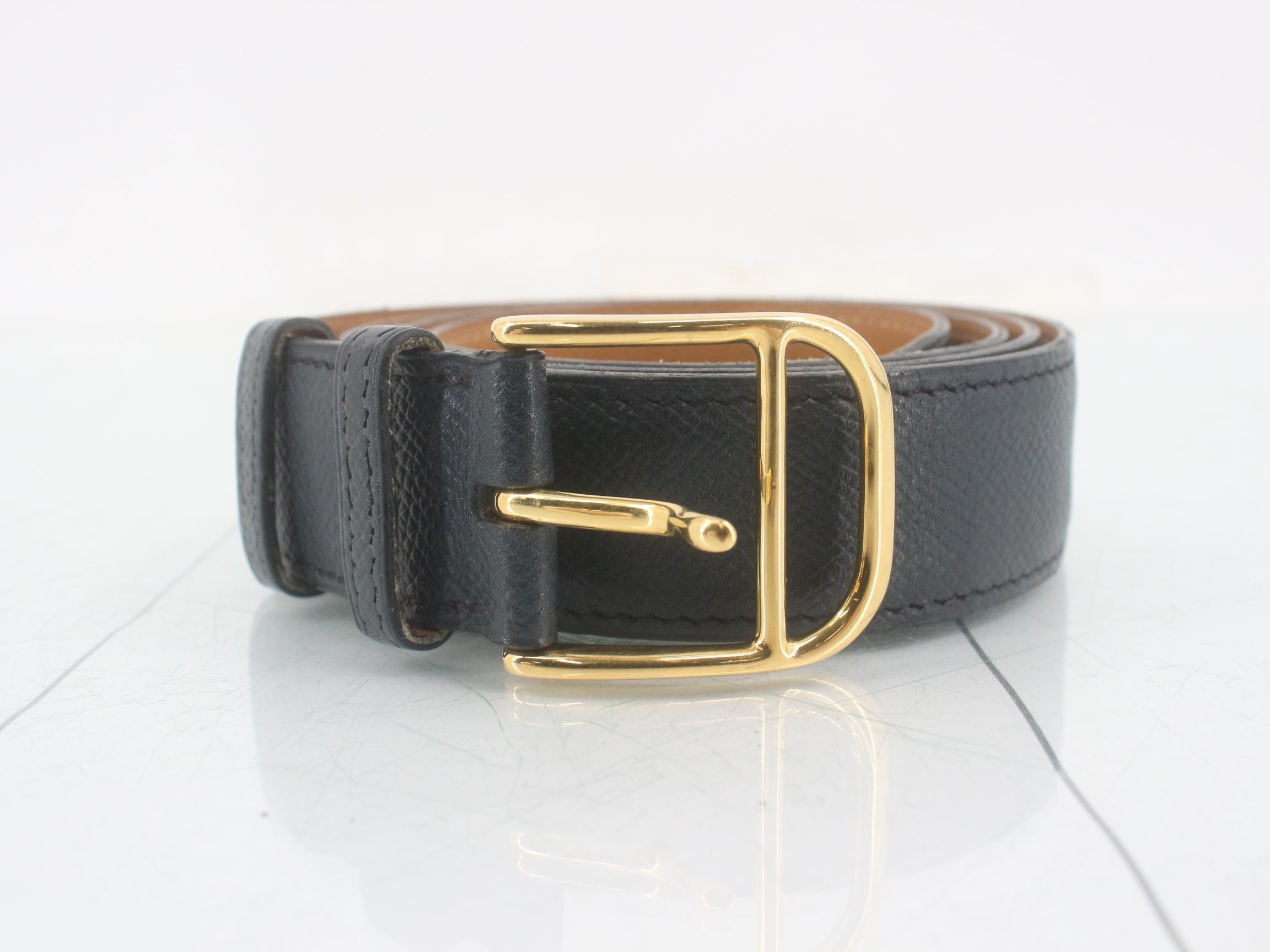 Leather belt, navy, gold hardware, size 95, 8C, C stamp.