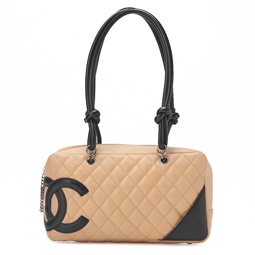 Calf leather Cambon line tote bag, beige x black, silver hardware, serial number 8.