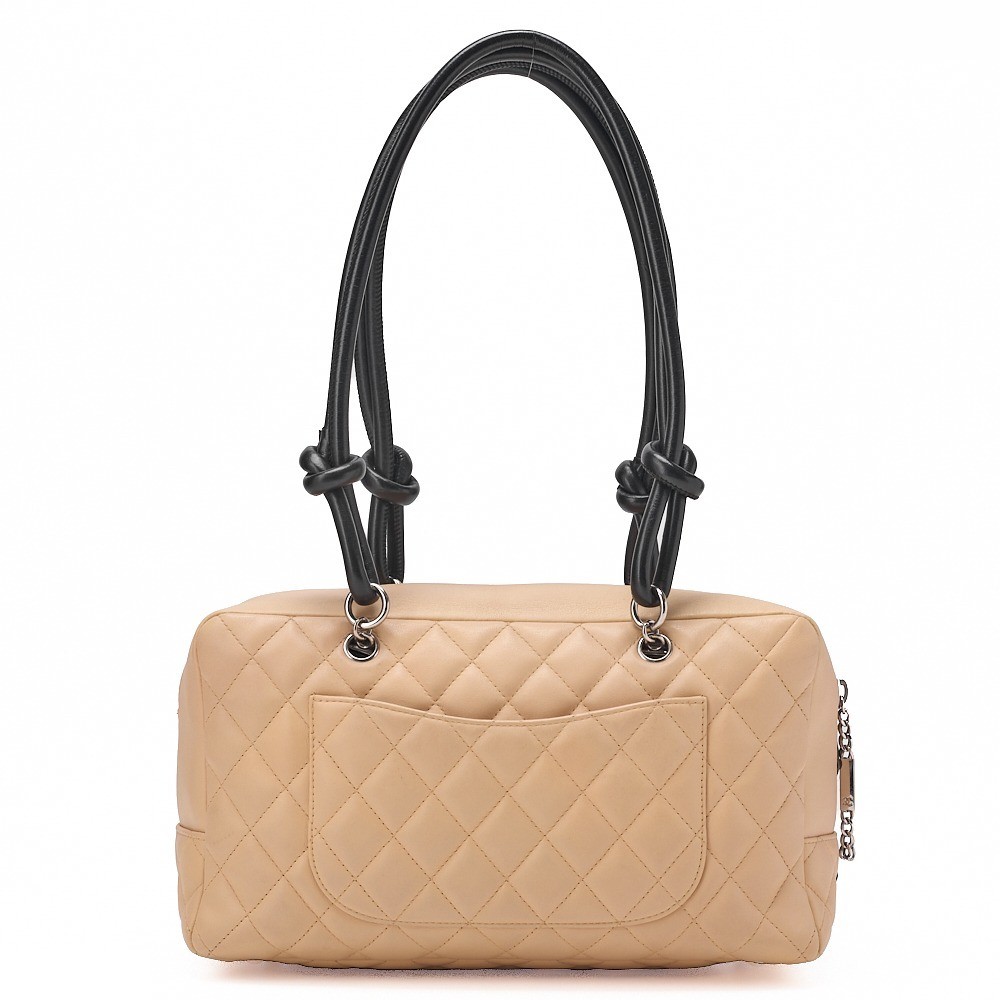 Calf leather Cambon line tote bag, beige x black, silver hardware, serial number 8. — view 2