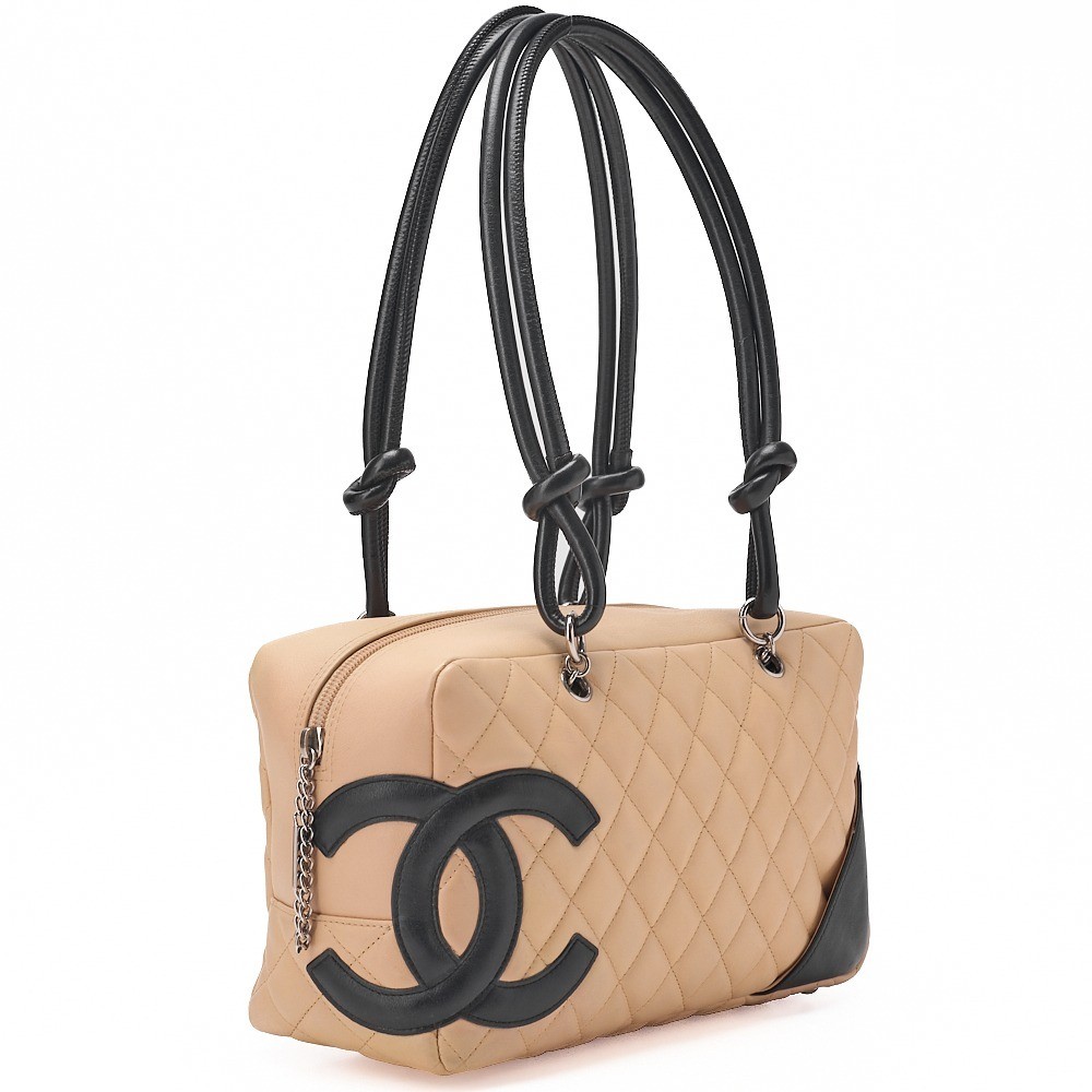Calf leather Cambon line tote bag, beige x black, silver hardware, serial number 8. — view 3