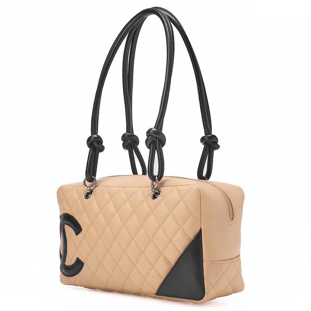 Calf leather Cambon line tote bag, beige x black, silver hardware, serial number 8. — view 4