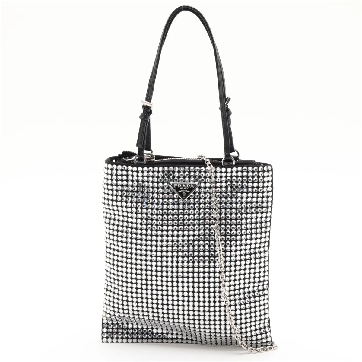 Crystal Rhinestone x Satin x Leather 2-Way Handbag, Silver