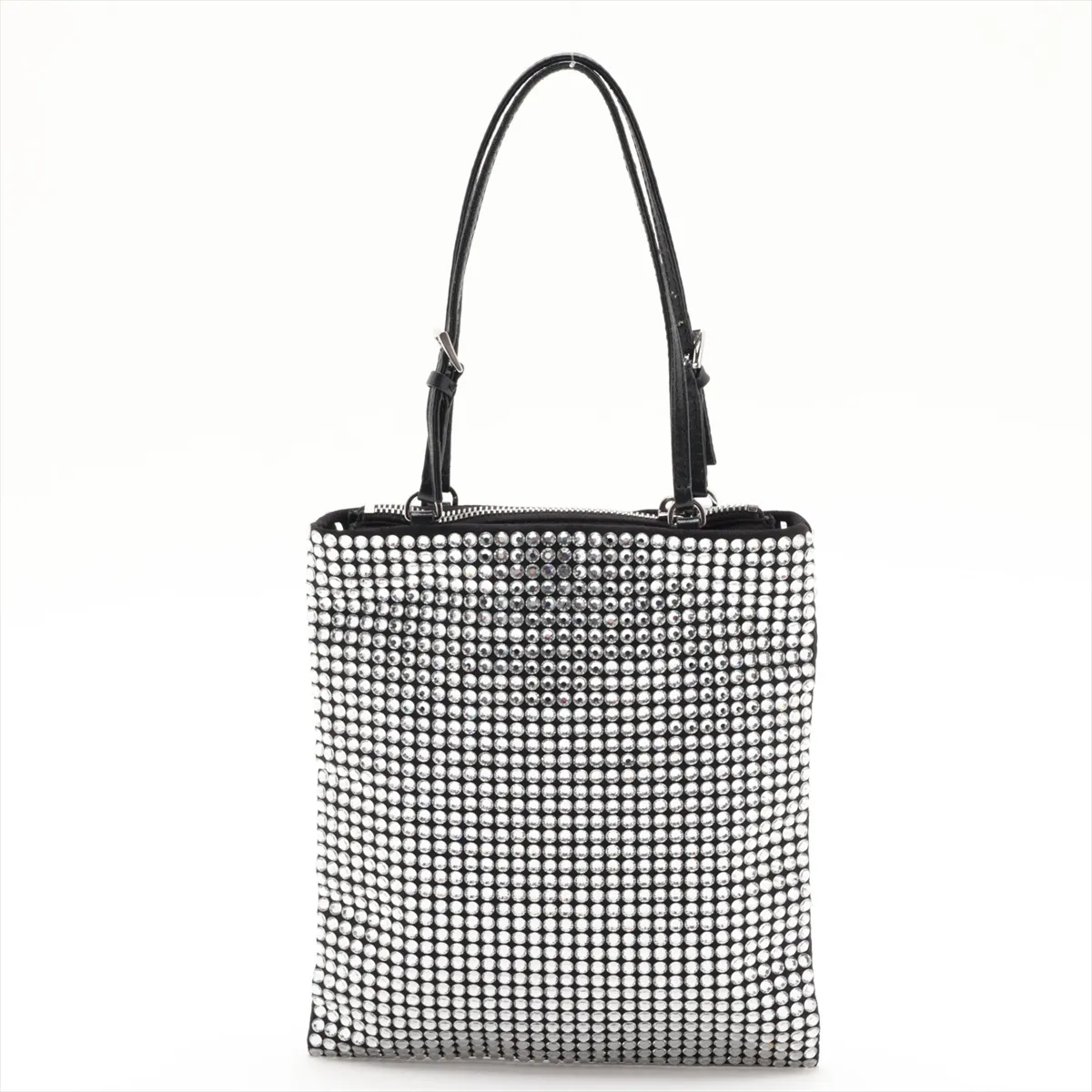 Crystal Rhinestone x Satin x Leather 2-Way Handbag, Silver — view 2
