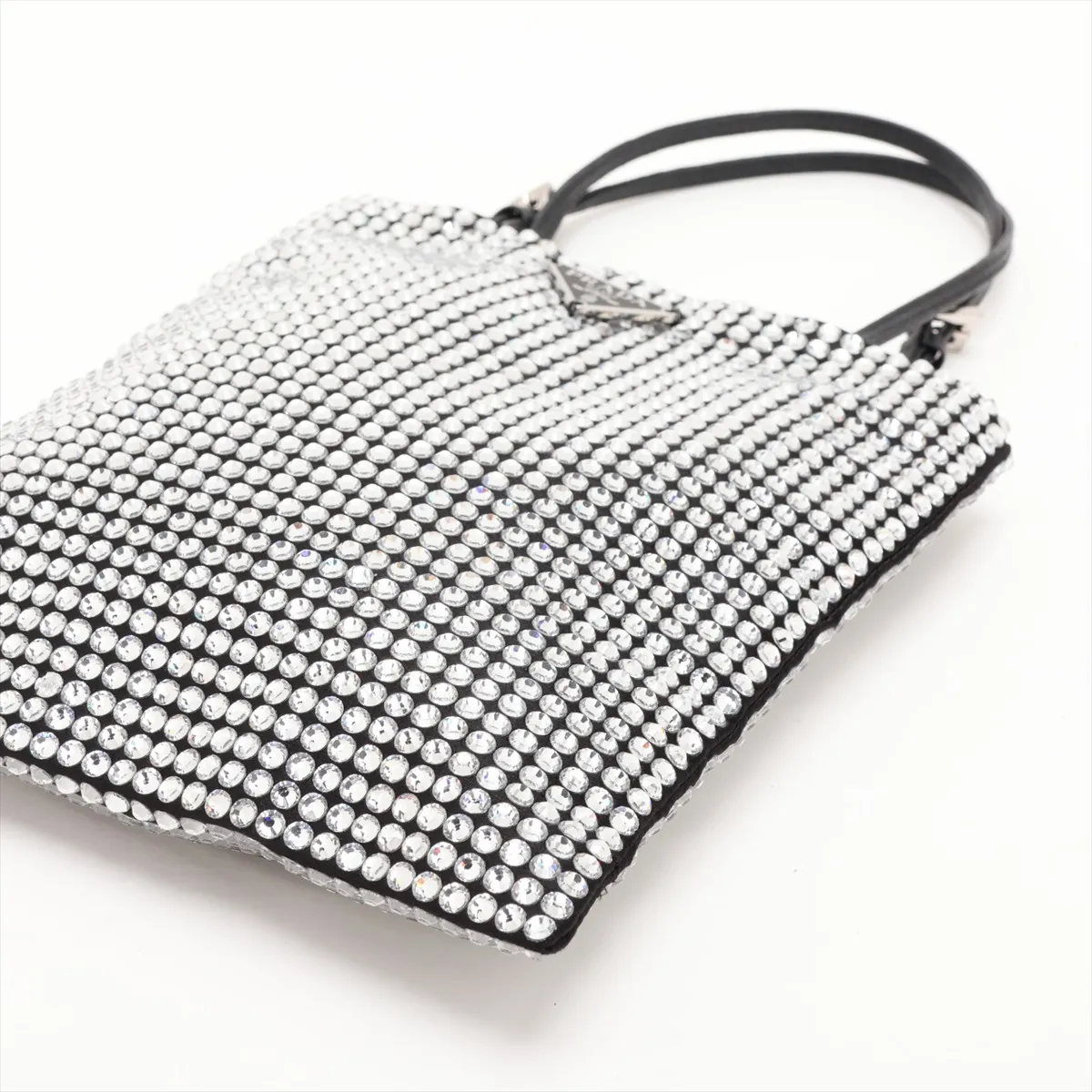 Crystal Rhinestone x Satin x Leather 2-Way Handbag, Silver — view 3