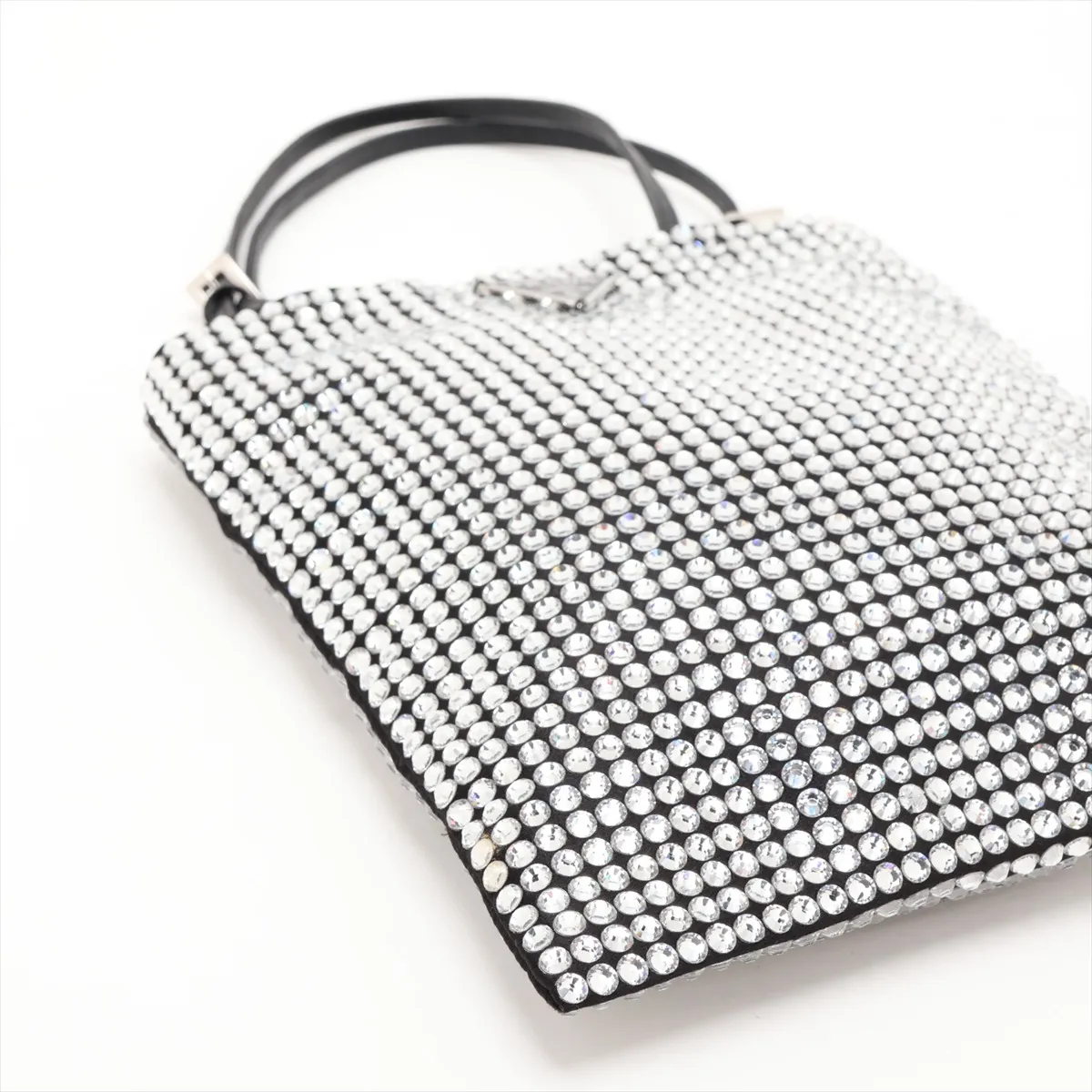 Crystal Rhinestone x Satin x Leather 2-Way Handbag, Silver — view 4