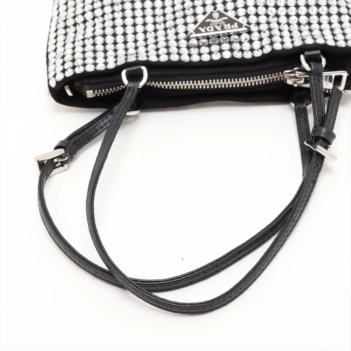 Crystal Rhinestone x Satin x Leather 2-Way Handbag, Silver — view 5