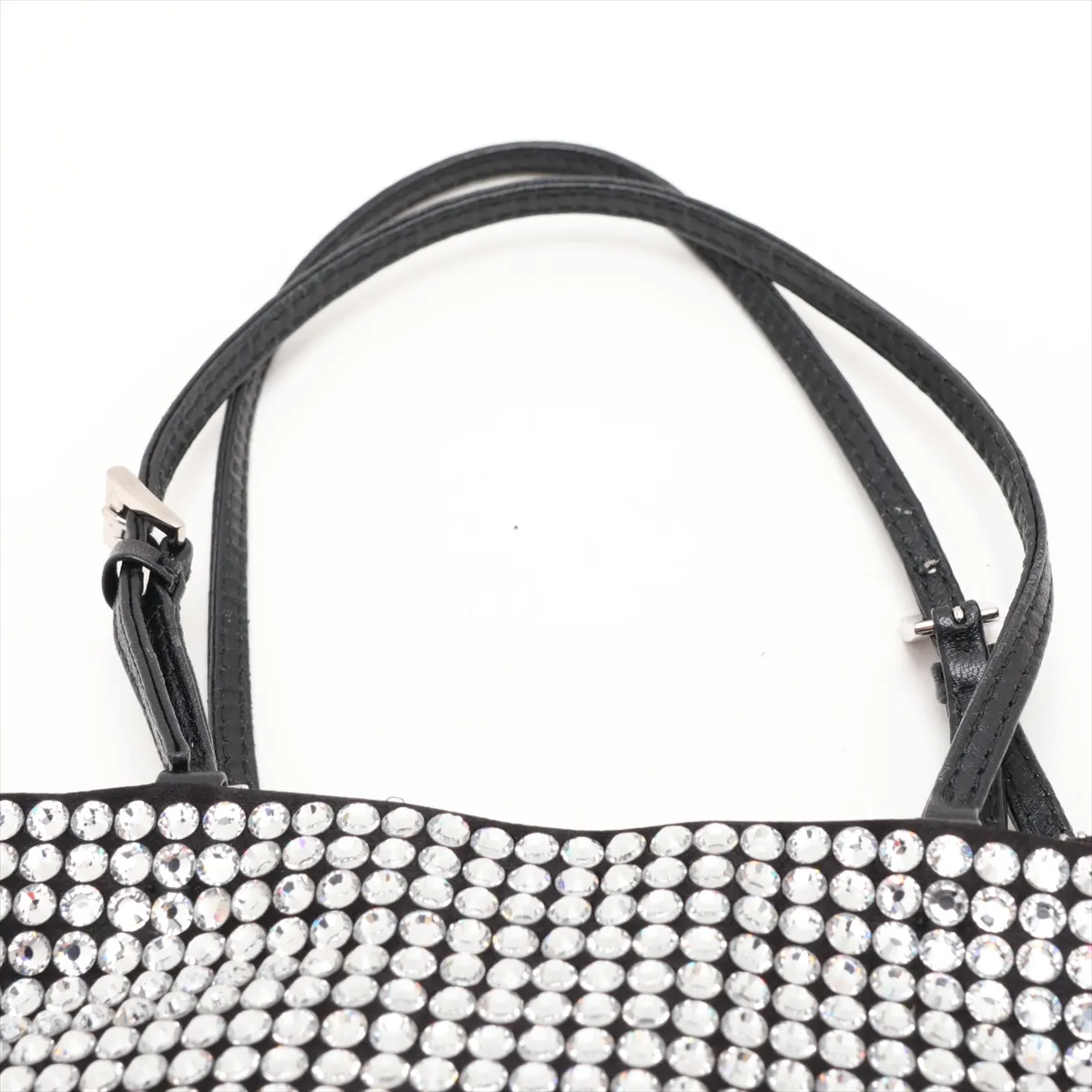 Crystal Rhinestone x Satin x Leather 2-Way Handbag, Silver — view 6