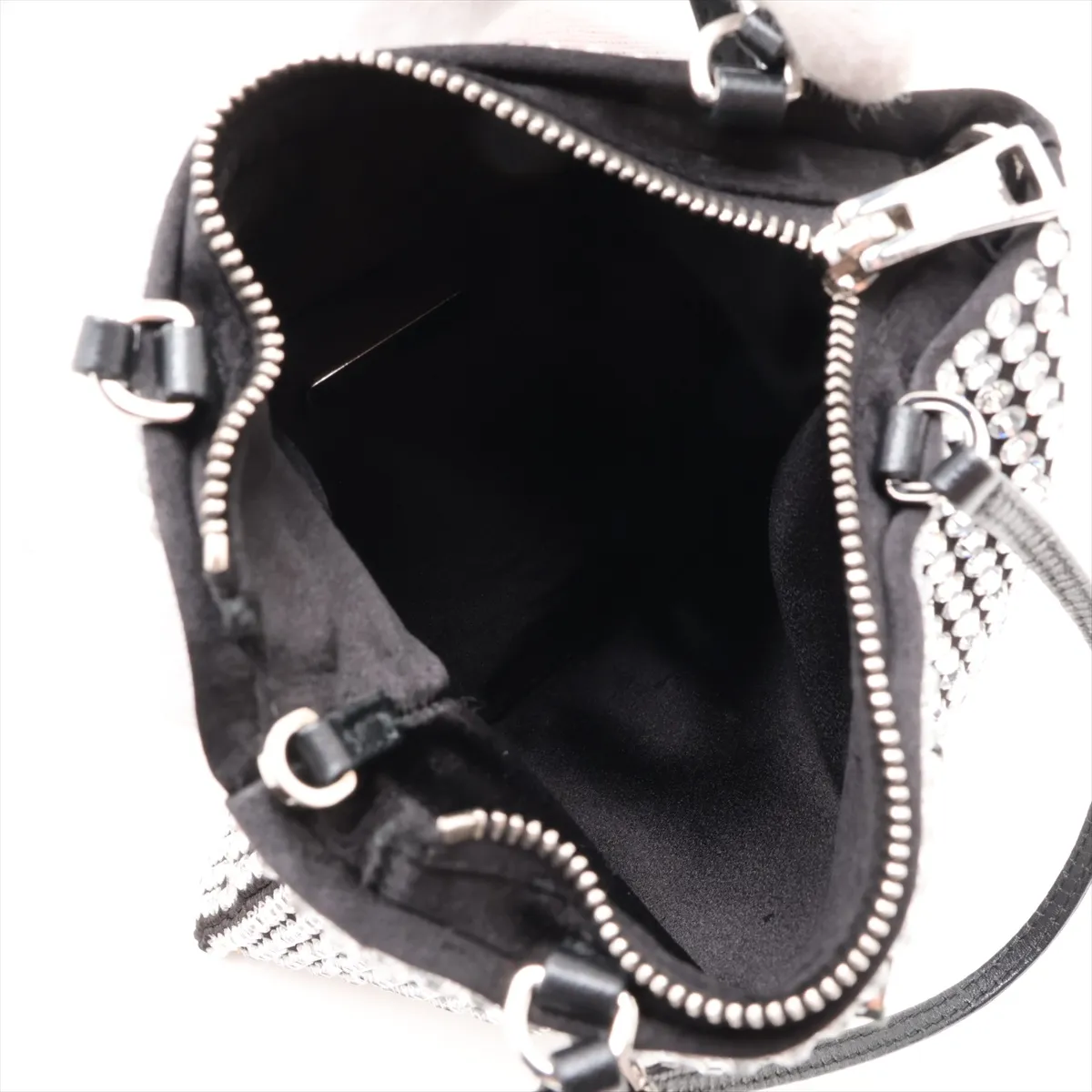 Crystal Rhinestone x Satin x Leather 2-Way Handbag, Silver — view 8