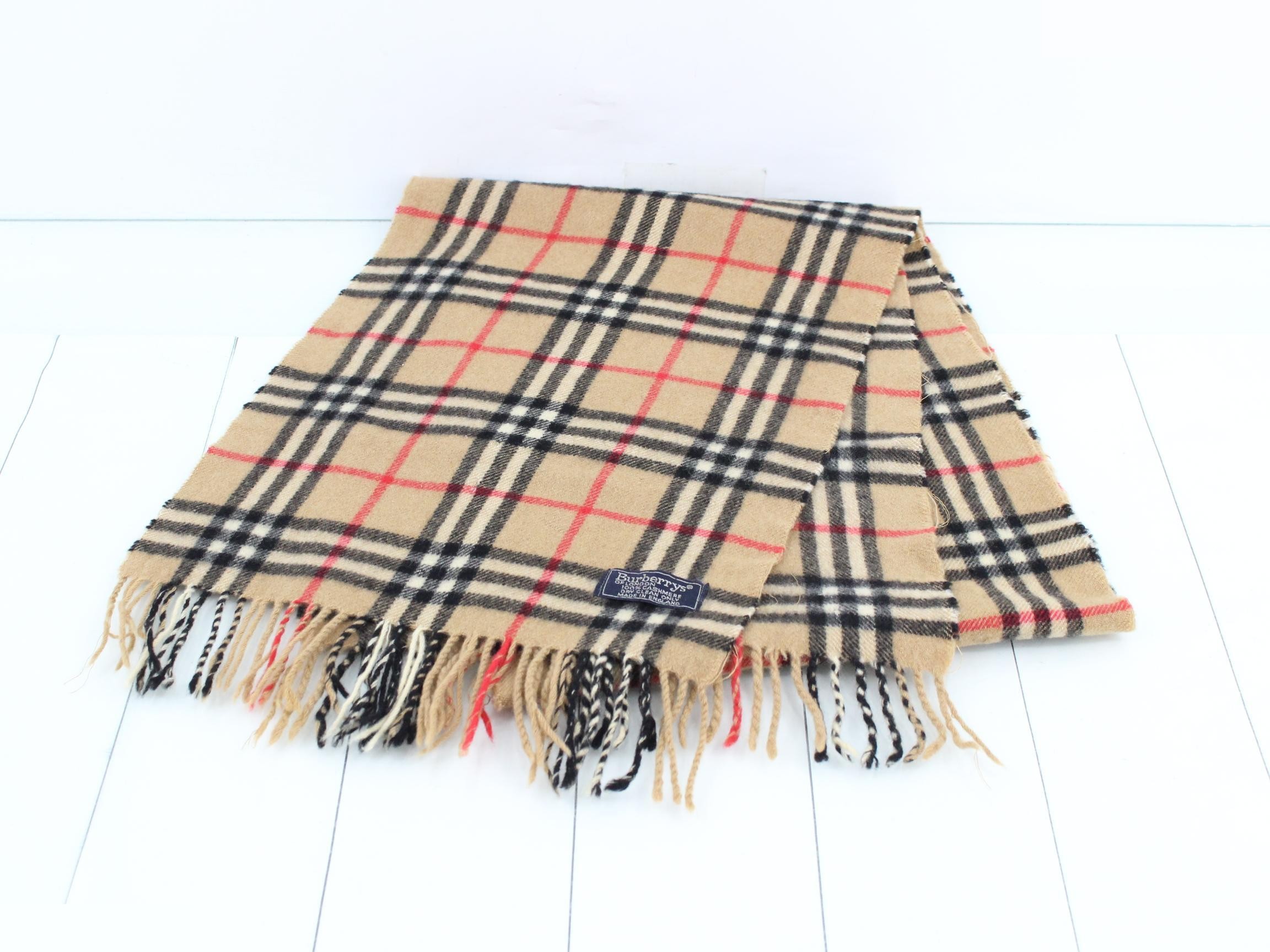 Tag attached, 100% cashmere check scarf — view 2