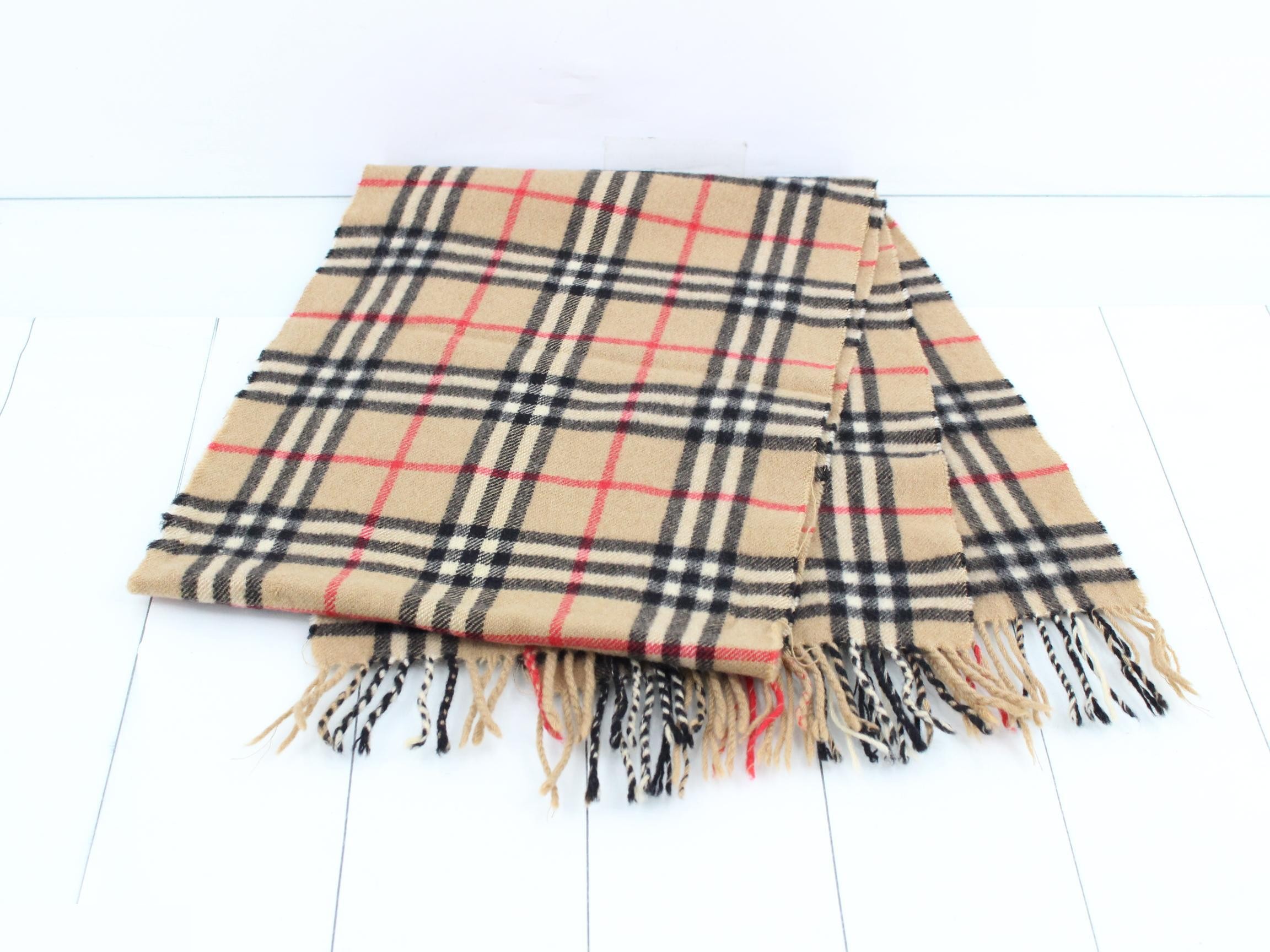 Tag attached, 100% cashmere check scarf — view 3