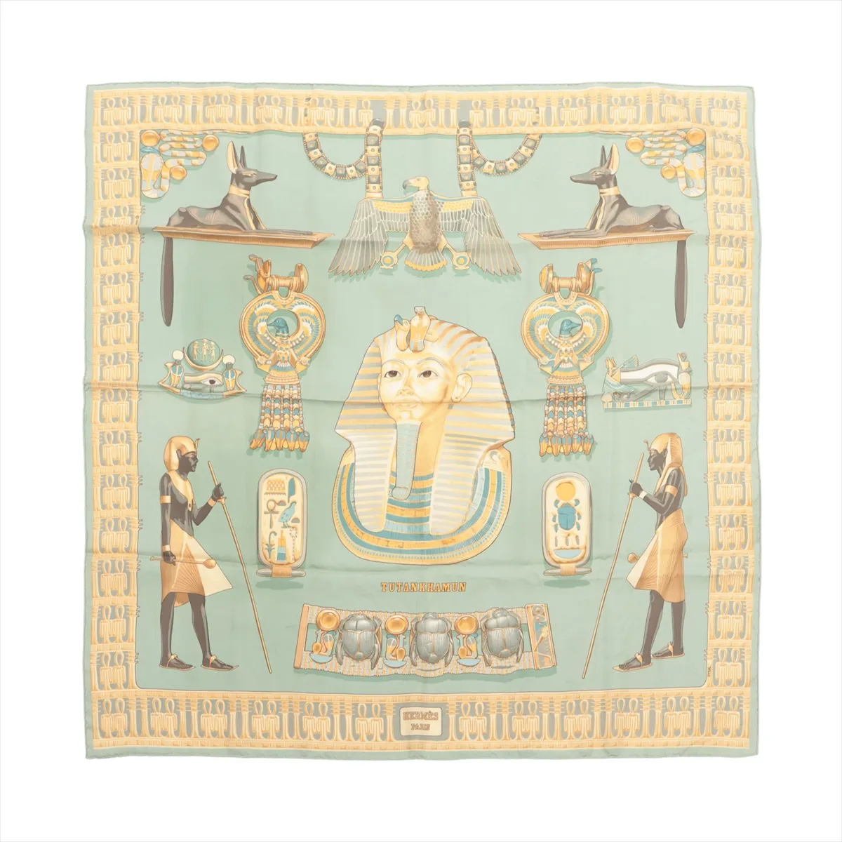 Carre 90 TUTANKHAMUN scarf, silk, green. Shows wear,