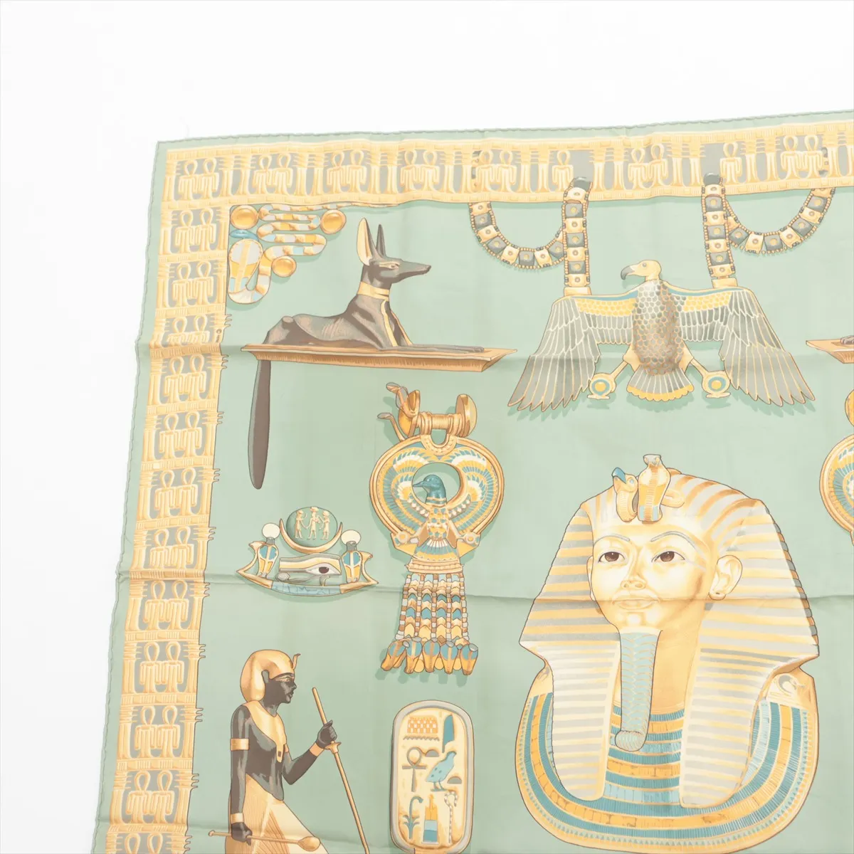 Carre 90 TUTANKHAMUN scarf, silk, green. Shows wear, — view 2