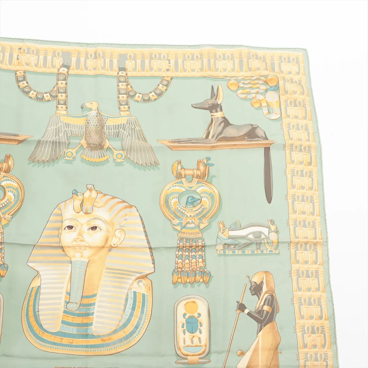 Carre 90 TUTANKHAMUN scarf, silk, green. Shows wear, — view 3