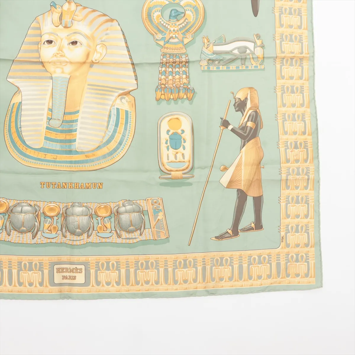 Carre 90 TUTANKHAMUN scarf, silk, green. Shows wear, — view 4