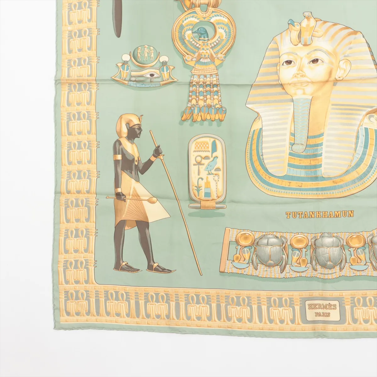 Carre 90 TUTANKHAMUN scarf, silk, green. Shows wear, — view 5