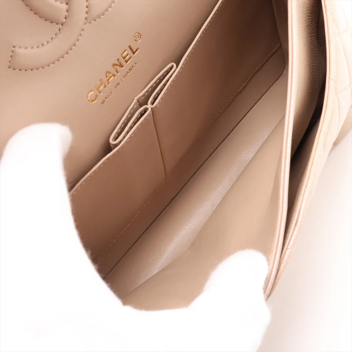 [Individually packaged] Chanel Matelassé 25 Caviar Skin Double Flap Double Chain Bag, Beige, Gold Hardware, 31223500, Serial Number 31-A01112 — view 8