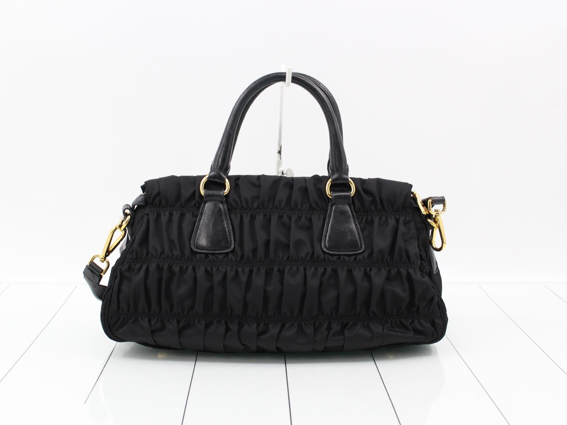 Gathered nylon handbag, black — view 2