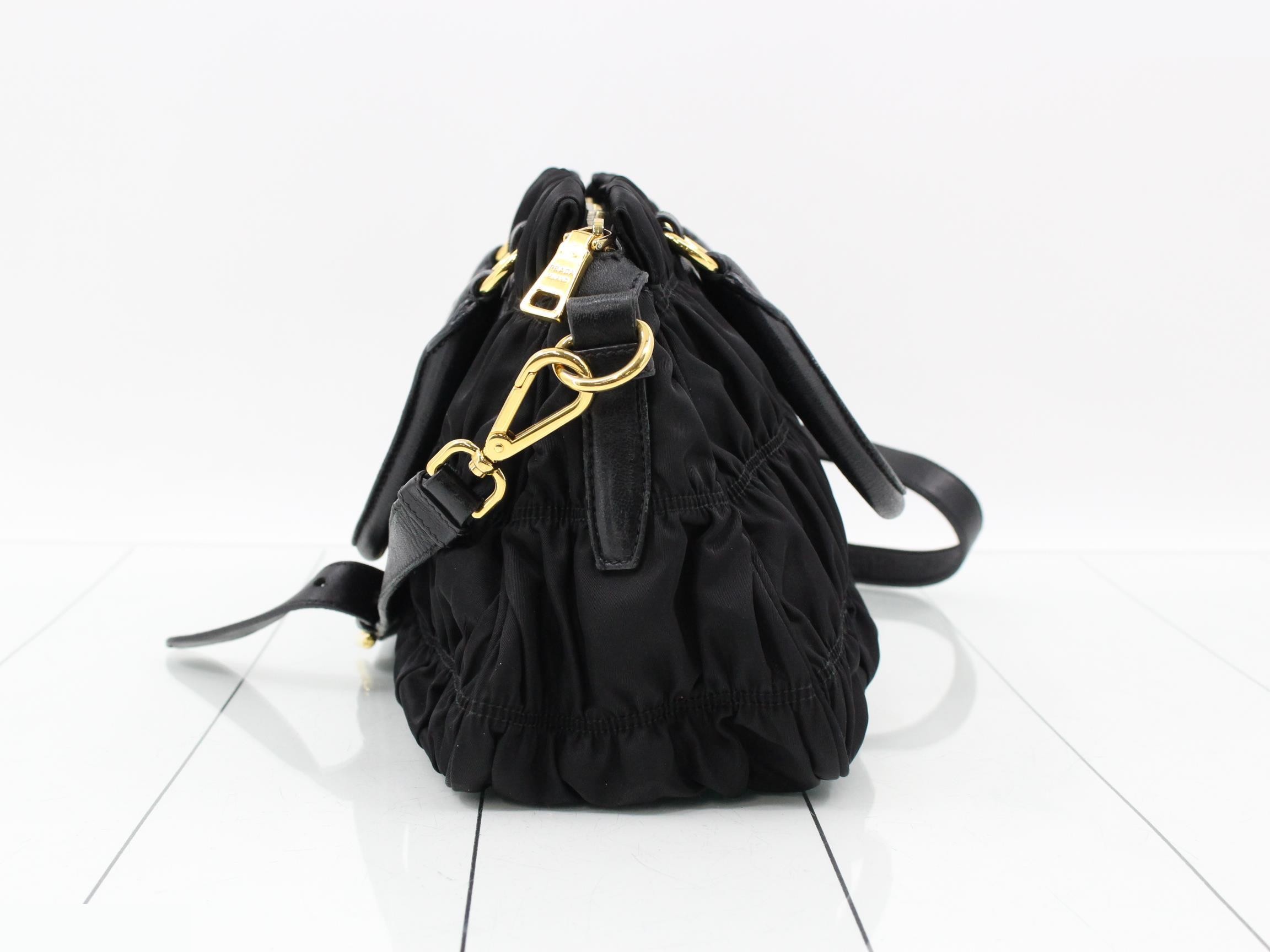 Gathered nylon handbag, black — view 4