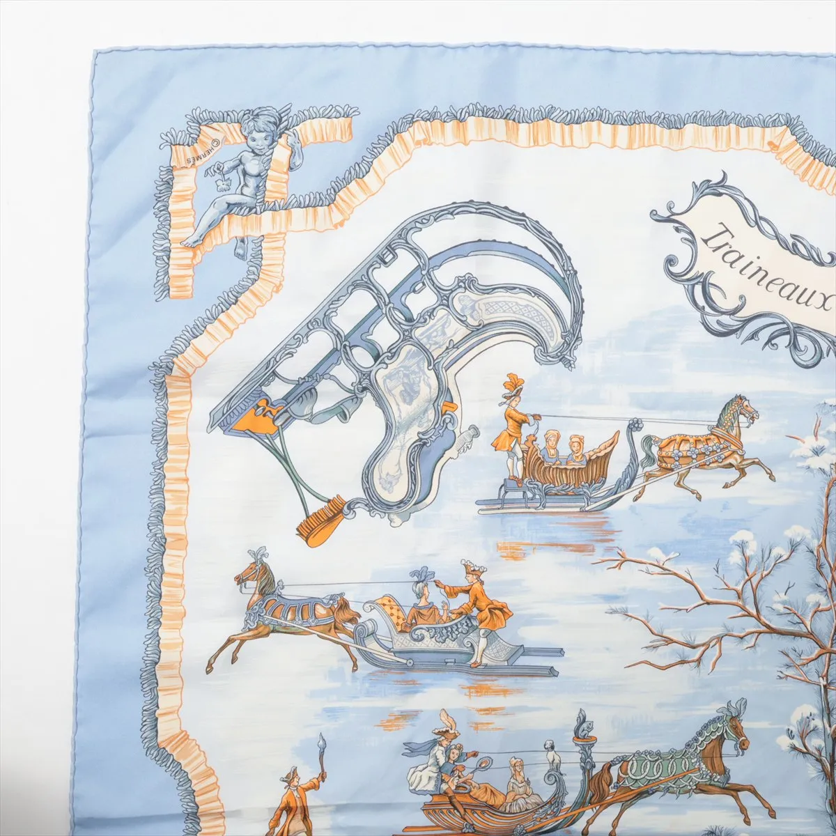 Carre 90 Traineaux et glissades (Sleds and Skates) Scarf, Silk, Blue. Shows wear, — view 2