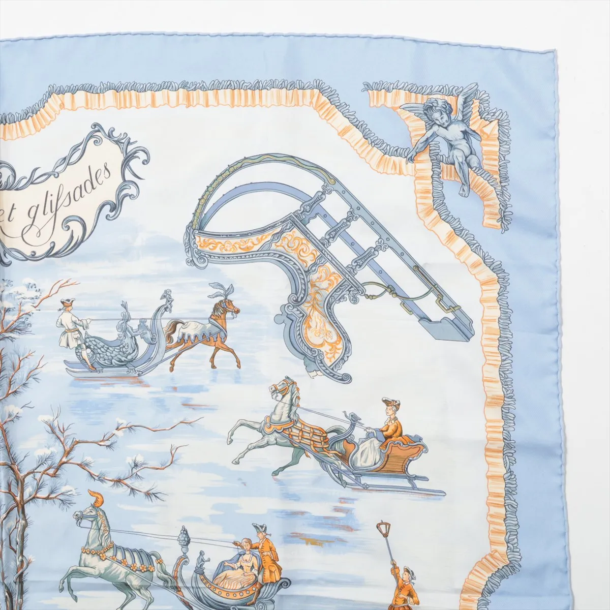 Carre 90 Traineaux et glissades (Sleds and Skates) Scarf, Silk, Blue. Shows wear, — view 3