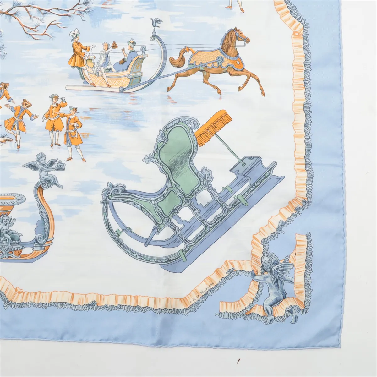 Carre 90 Traineaux et glissades (Sleds and Skates) Scarf, Silk, Blue. Shows wear, — view 4