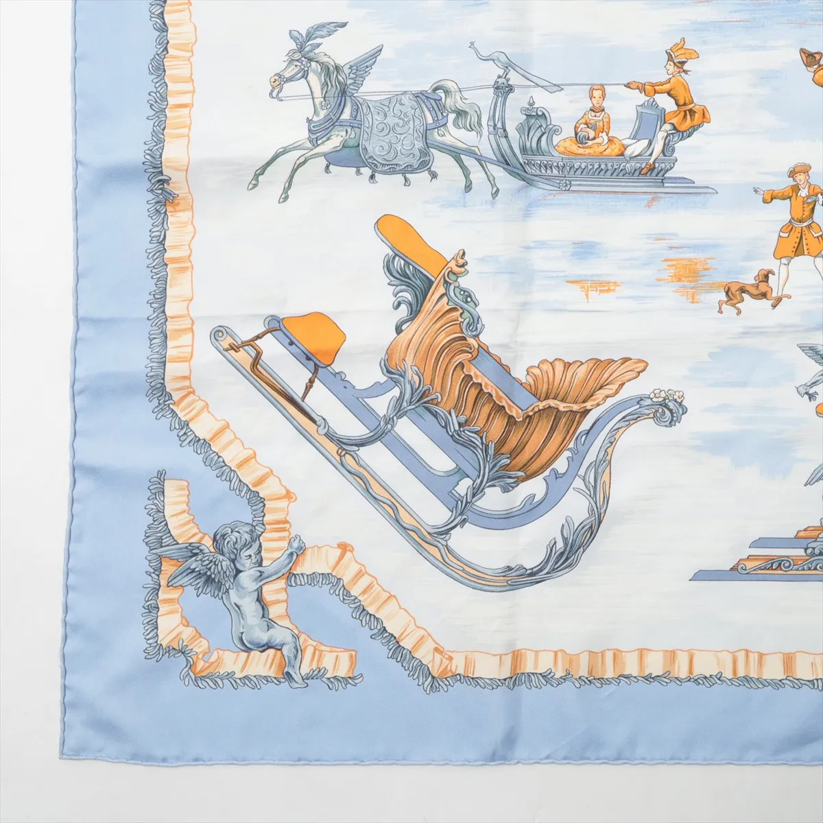 Carre 90 Traineaux et glissades (Sleds and Skates) Scarf, Silk, Blue. Shows wear, — view 5