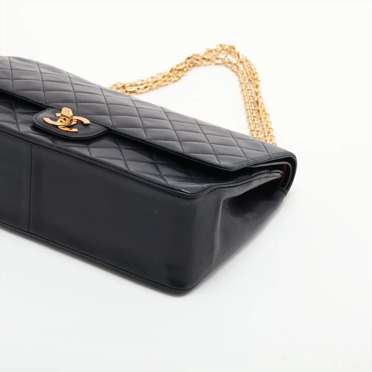 Matelassé Lambskin Double Flap Double Chain Bag, Navy with Gold Hardware — view 3