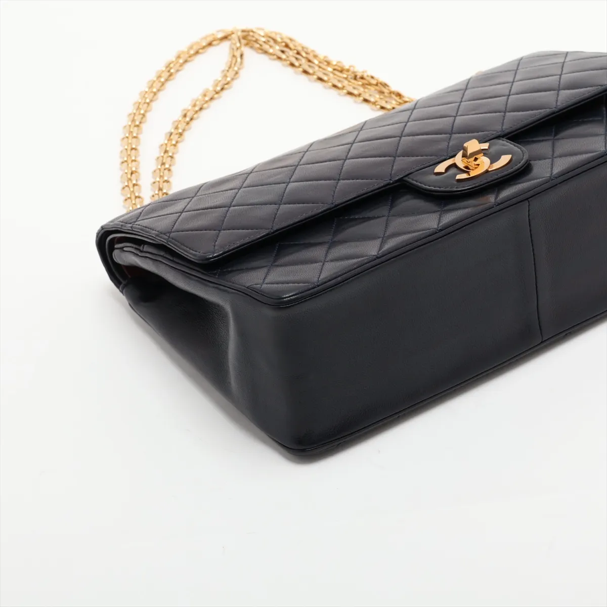 Matelassé Lambskin Double Flap Double Chain Bag, Navy with Gold Hardware — view 4