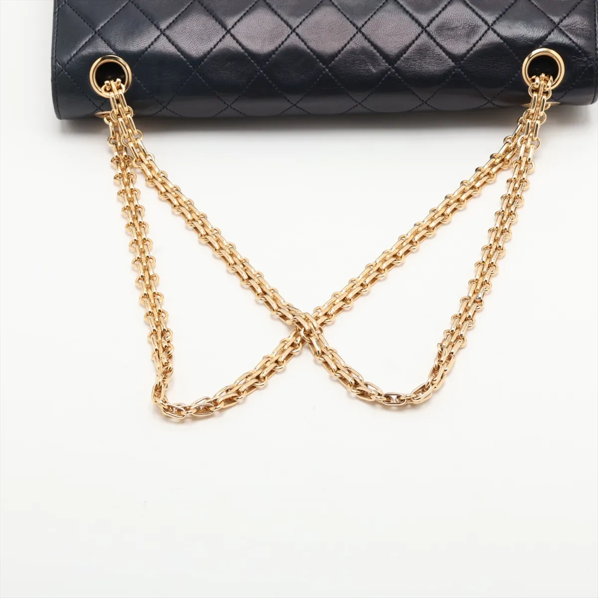 Matelassé Lambskin Double Flap Double Chain Bag, Navy with Gold Hardware — view 5