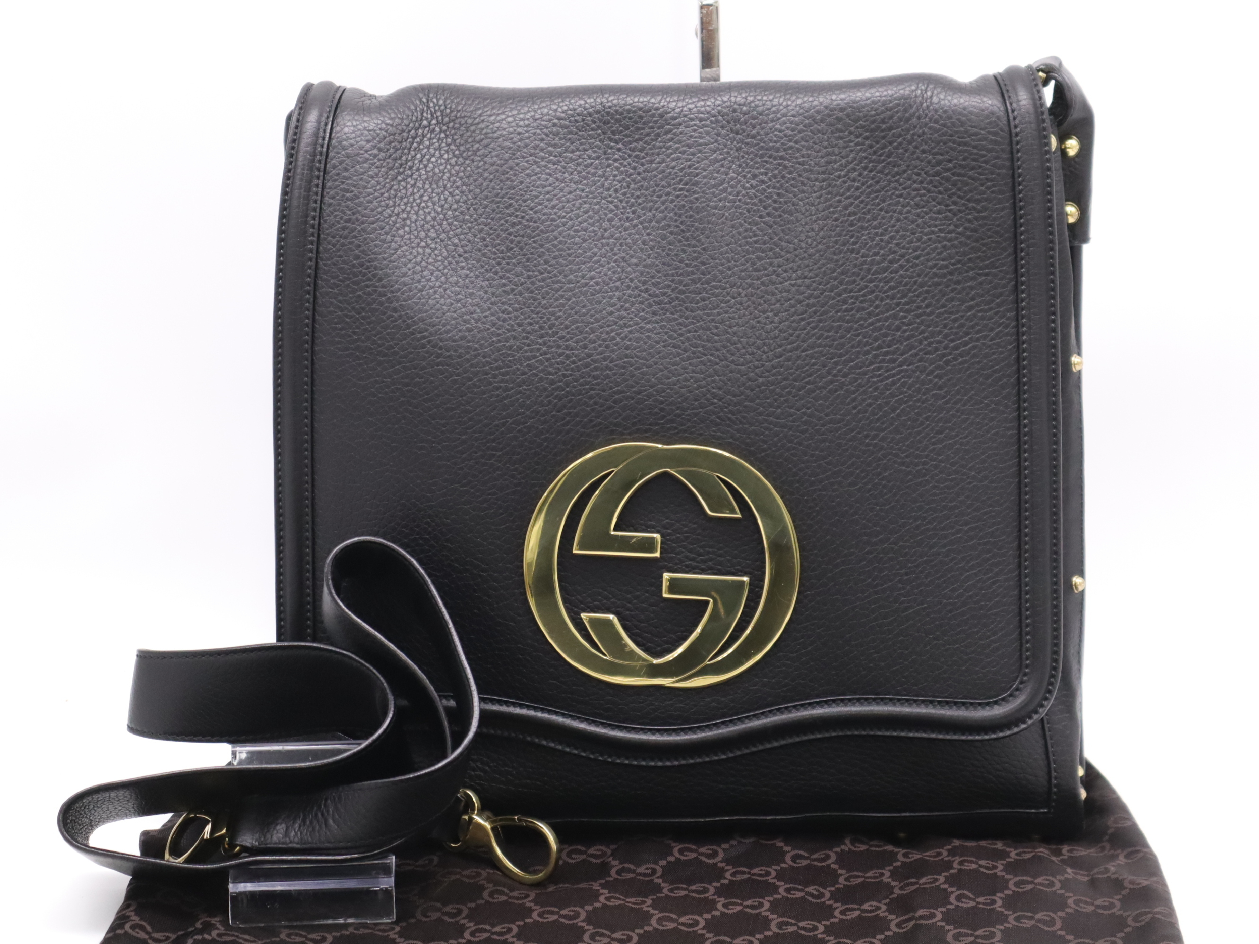 115576 Leather Interlocking G Shoulder Bag, Black with Gold Hardware, Shoulder Strap and Dust Bag Included