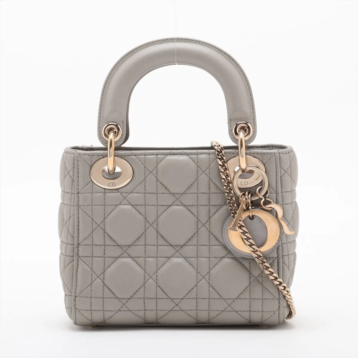 Cannage Lady Dior Mini Leather 2-Way Handbag, Gray