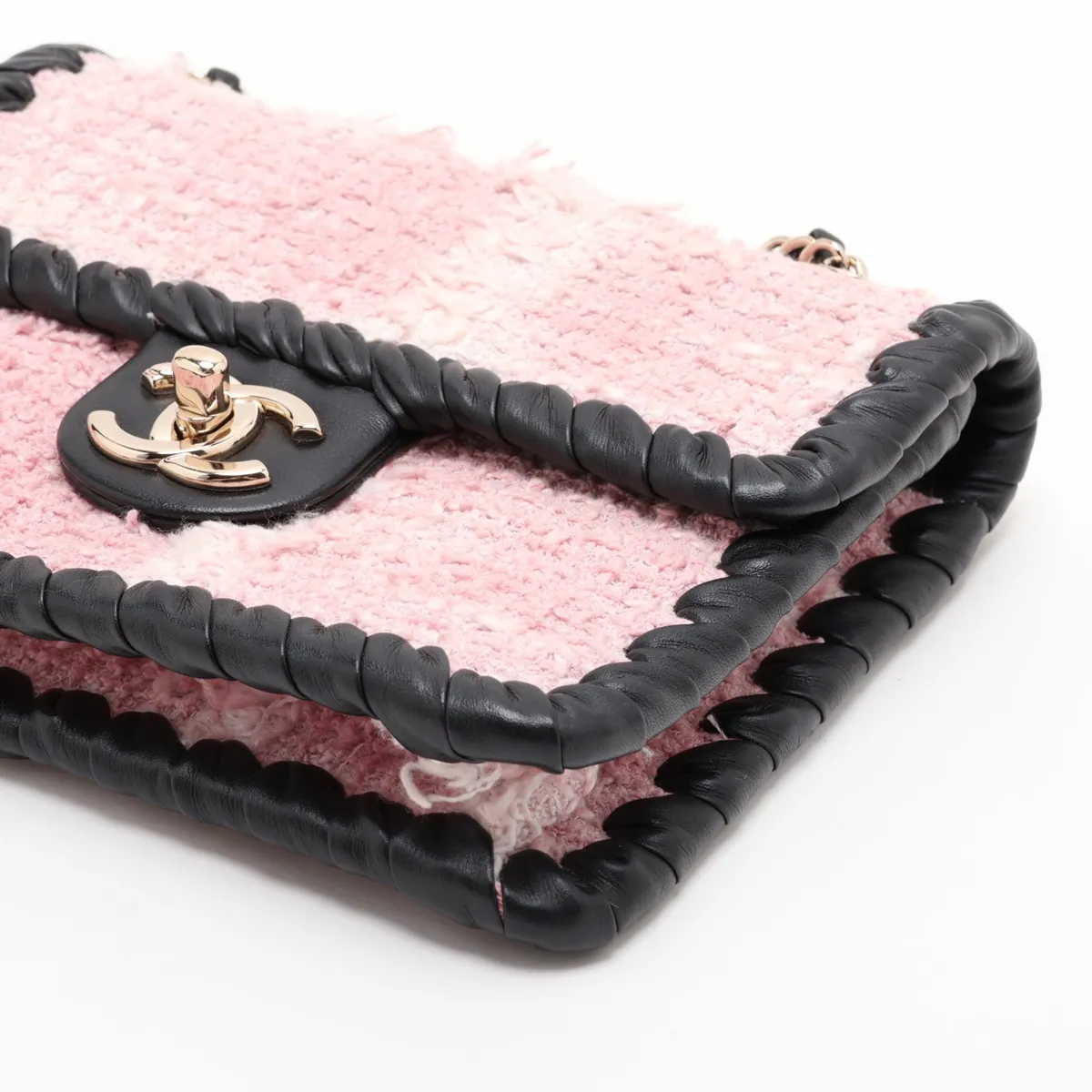 Coco Mark Tweed x Lambskin Single Flap Double Chain Bag Charm Pink x Black Gold Hardware KX2N35L8 Random Plate — view 3