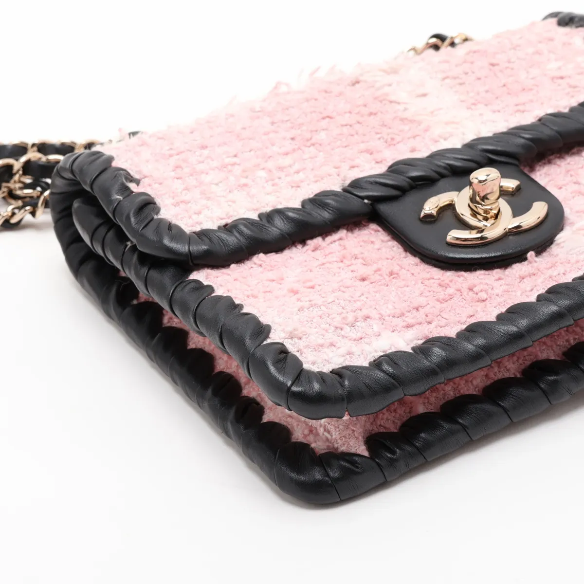 Coco Mark Tweed x Lambskin Single Flap Double Chain Bag Charm Pink x Black Gold Hardware KX2N35L8 Random Plate — view 4