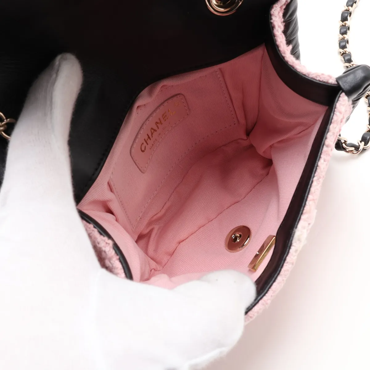 Coco Mark Tweed x Lambskin Single Flap Double Chain Bag Charm Pink x Black Gold Hardware KX2N35L8 Random Plate — view 6