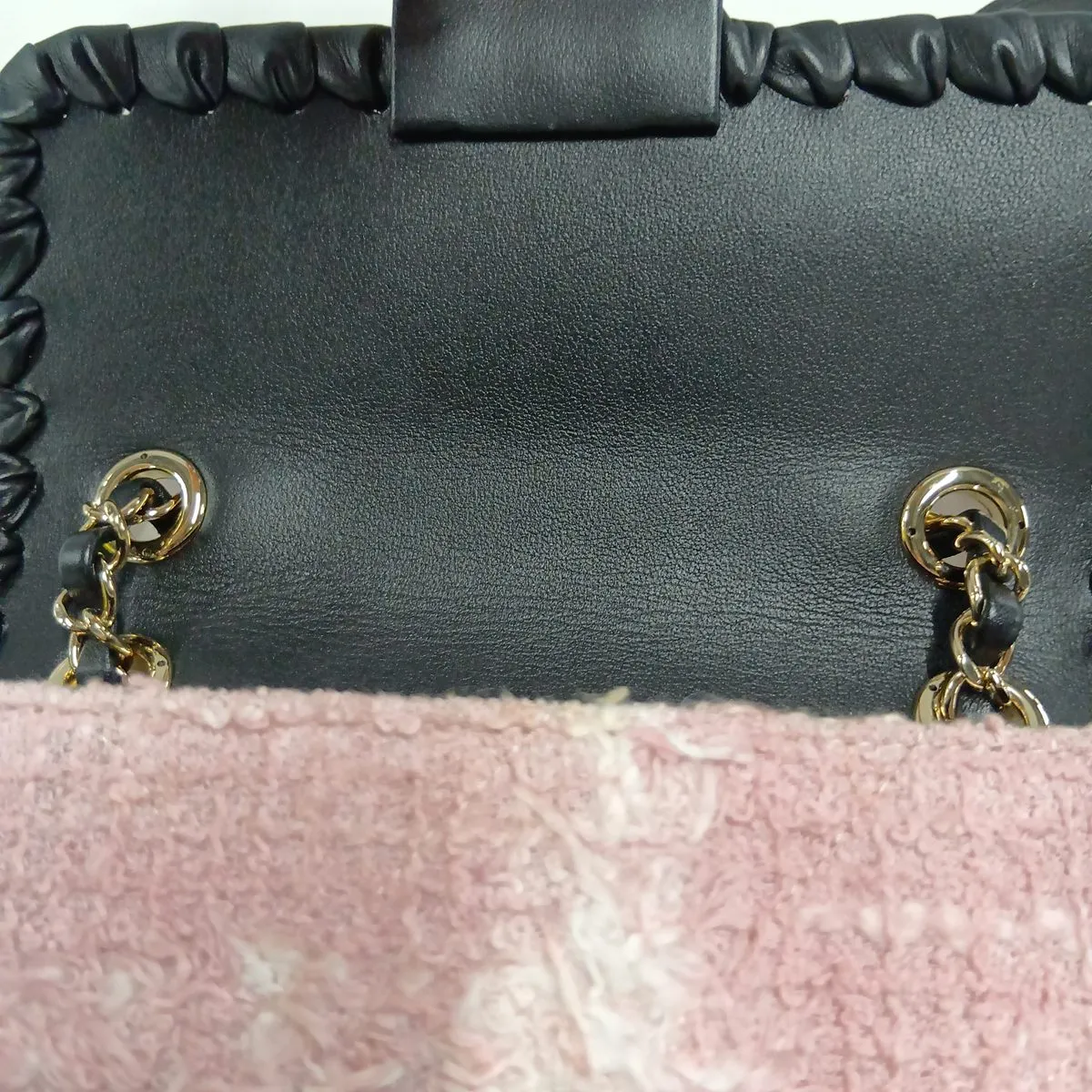 Coco Mark Tweed x Lambskin Single Flap Double Chain Bag Charm Pink x Black Gold Hardware KX2N35L8 Random Plate — view 8