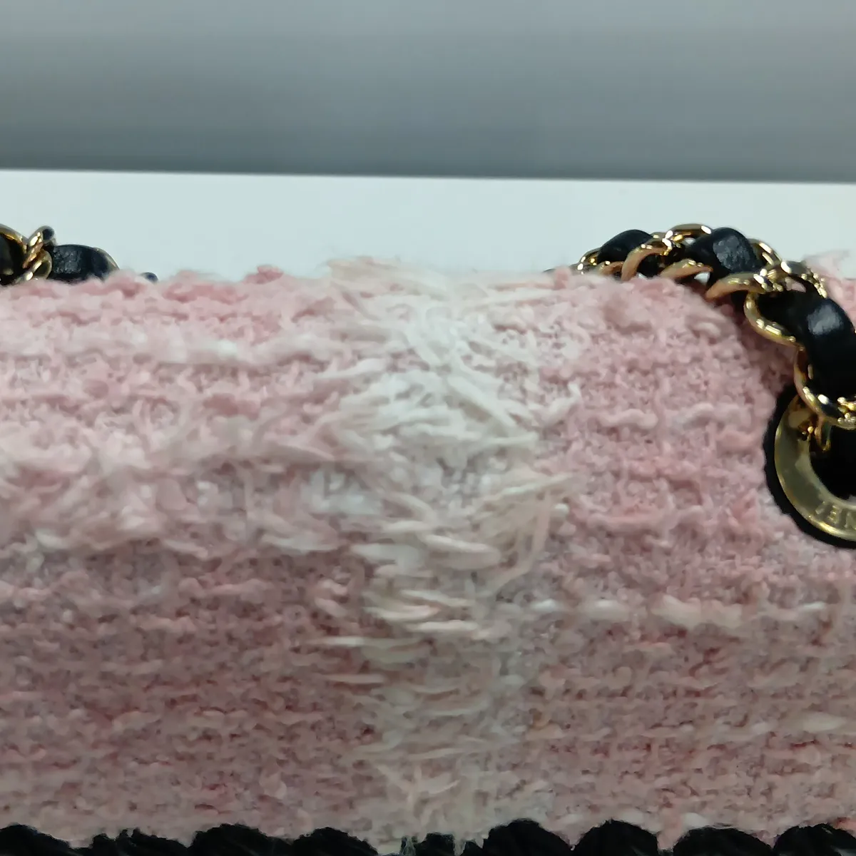 Coco Mark Tweed x Lambskin Single Flap Double Chain Bag Charm Pink x Black Gold Hardware KX2N35L8 Random Plate — view 10