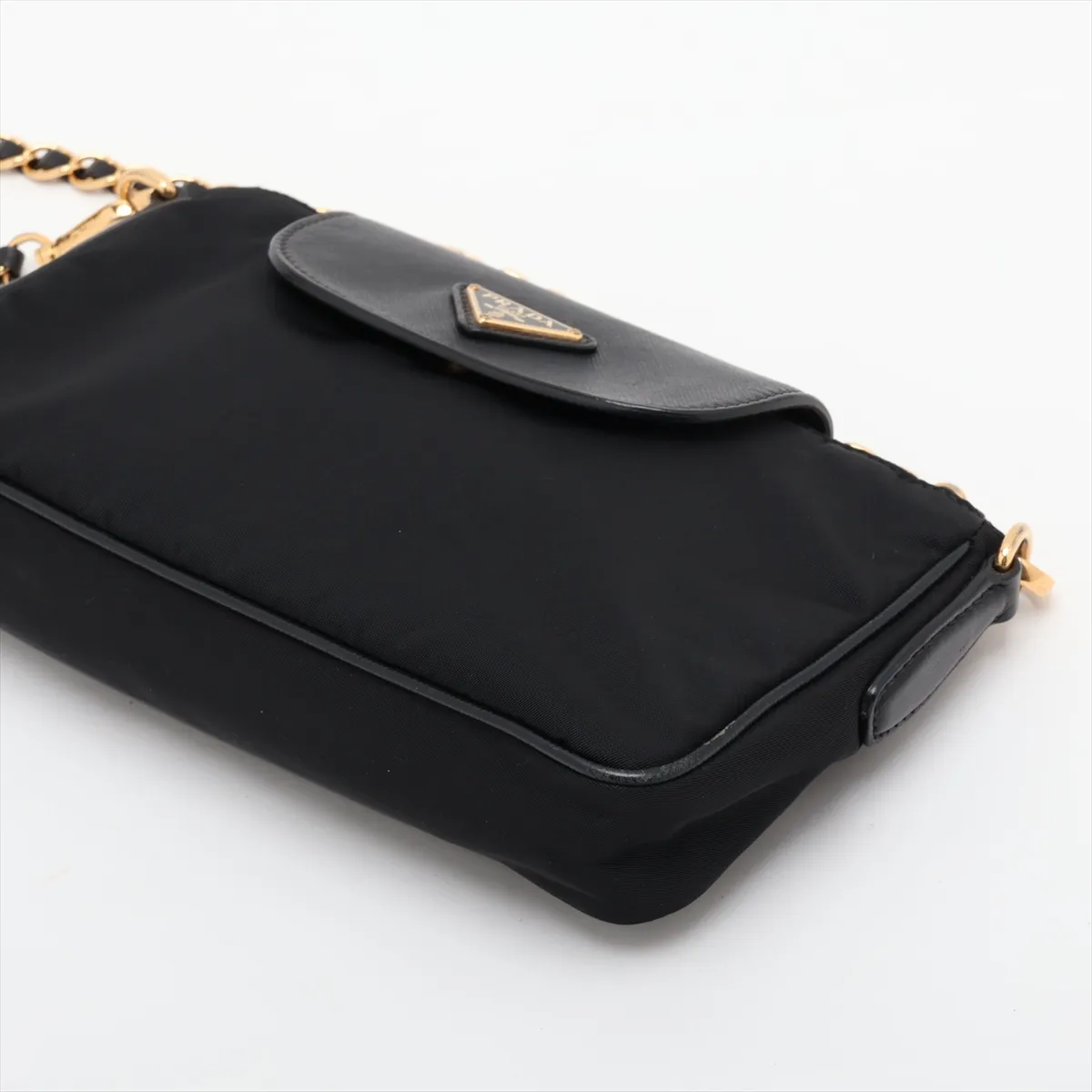 Tessuto Nylon x Leather Chain Shoulder Bag, Black — view 3