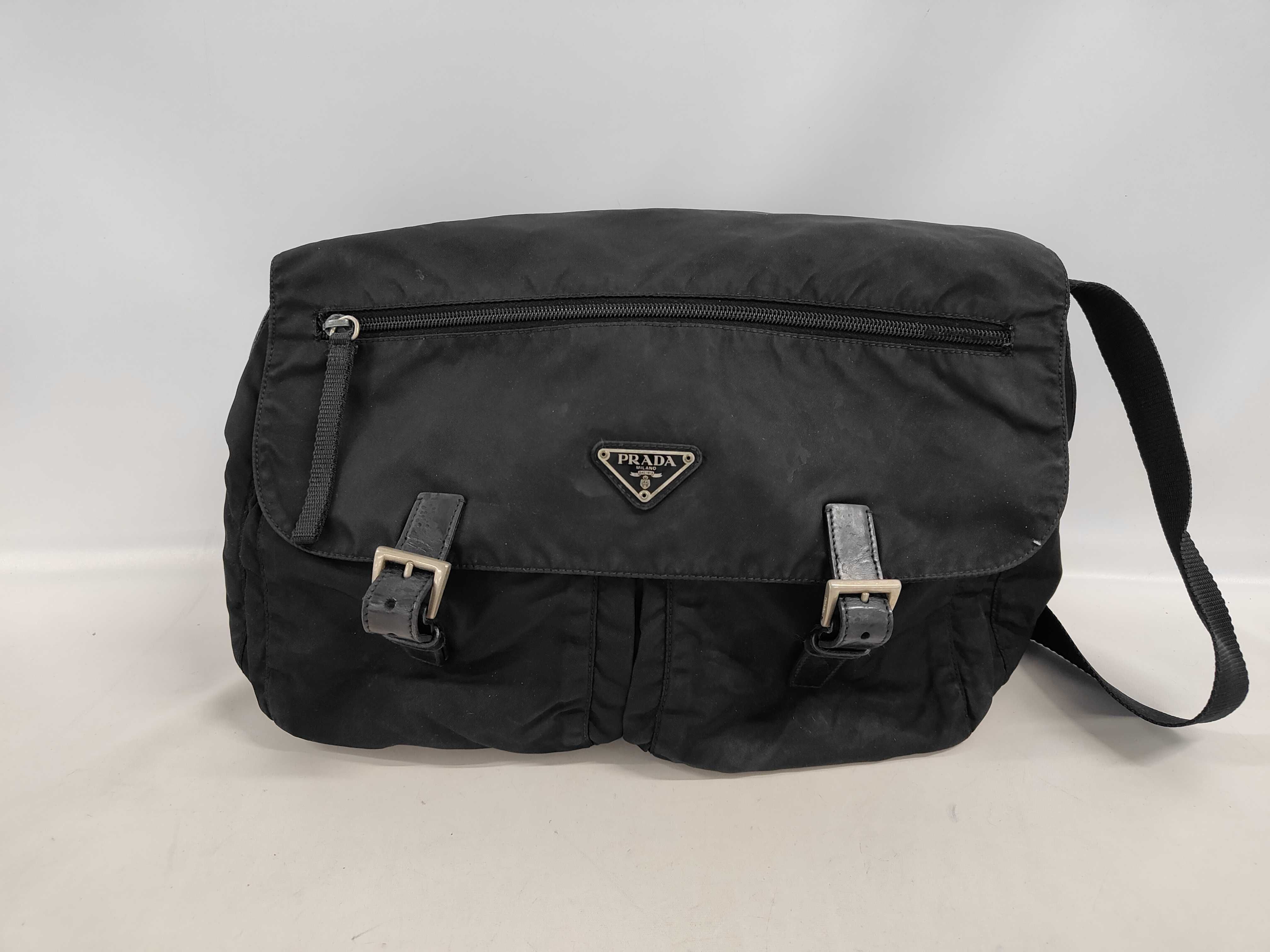 Nylon Shoulder Bag with Triangle Logo Plate and 2 Pockets