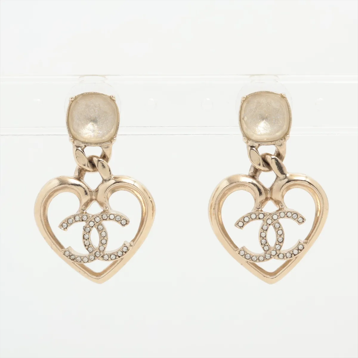 Coco Mark Heart C23C Earrings (Pair) GP x Rhinestone Gold. Shows signs of wear: