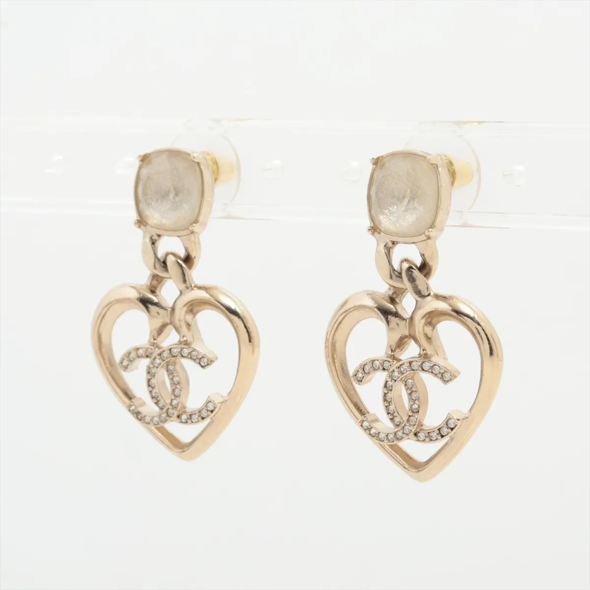 Coco Mark Heart C23C Earrings (Pair) GP x Rhinestone Gold. Shows signs of wear: — view 3