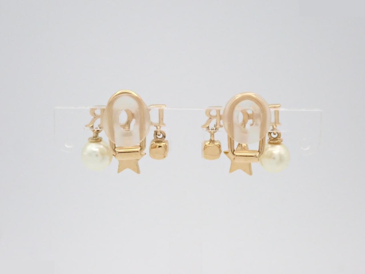 Logo pearl earrings with gold hardware — view 2