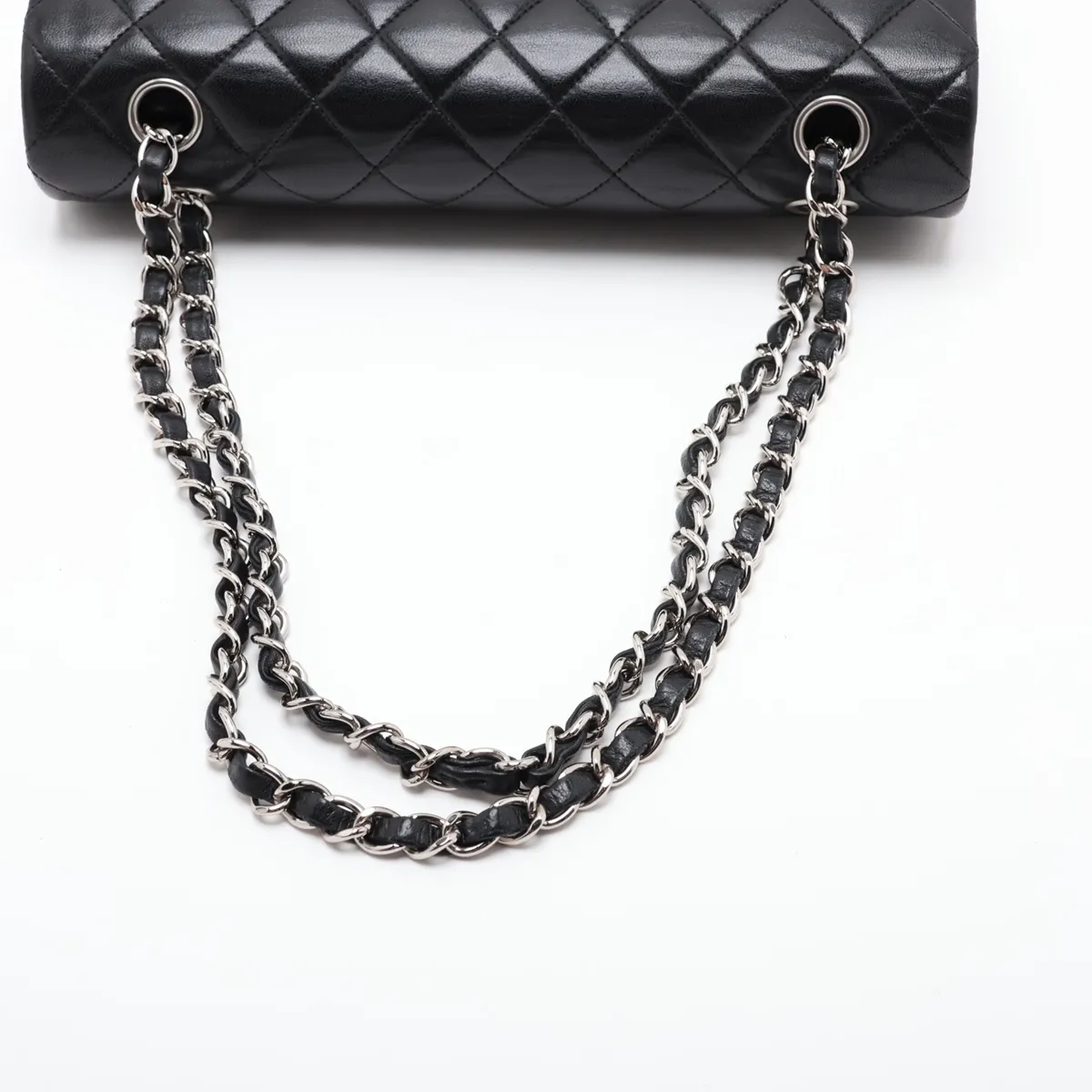 [Individually packaged] Chanel Matelassé 25 Lambskin Double Flap Double Chain Bag, Black with Silver Hardware, 12622806, Series 12, A01112 — view 5
