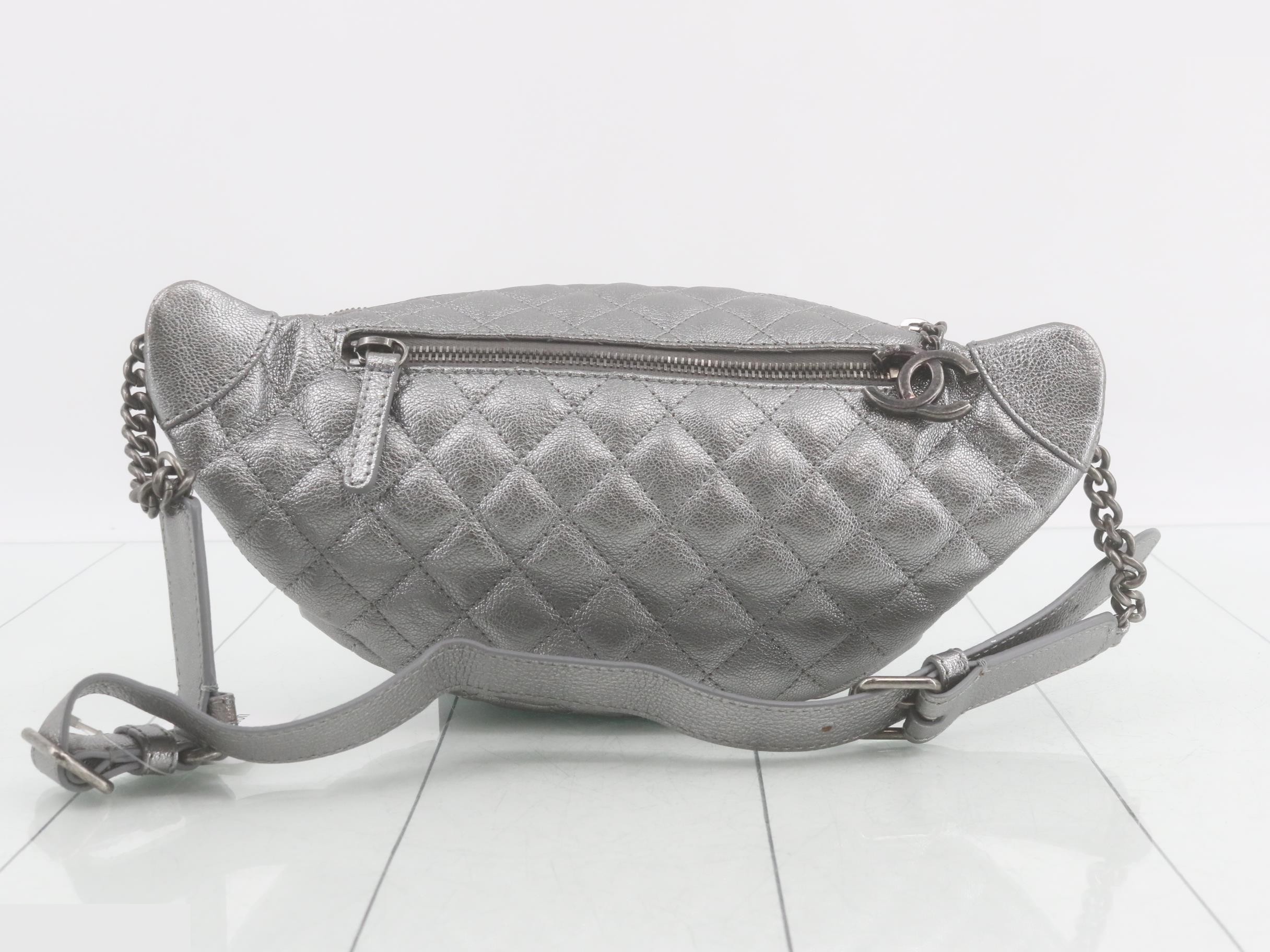 Matelassé caviar leather waist bag, silver color — view 2