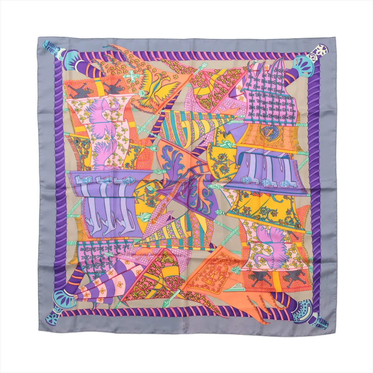 Carre 90 Etendards et Bonnieres flag pattern scarf, silk, gray x purple. Shows wear,