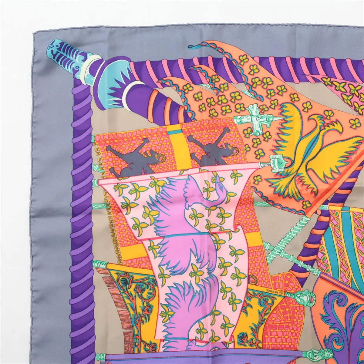 Carre 90 Etendards et Bonnieres flag pattern scarf, silk, gray x purple. Shows wear, — view 2